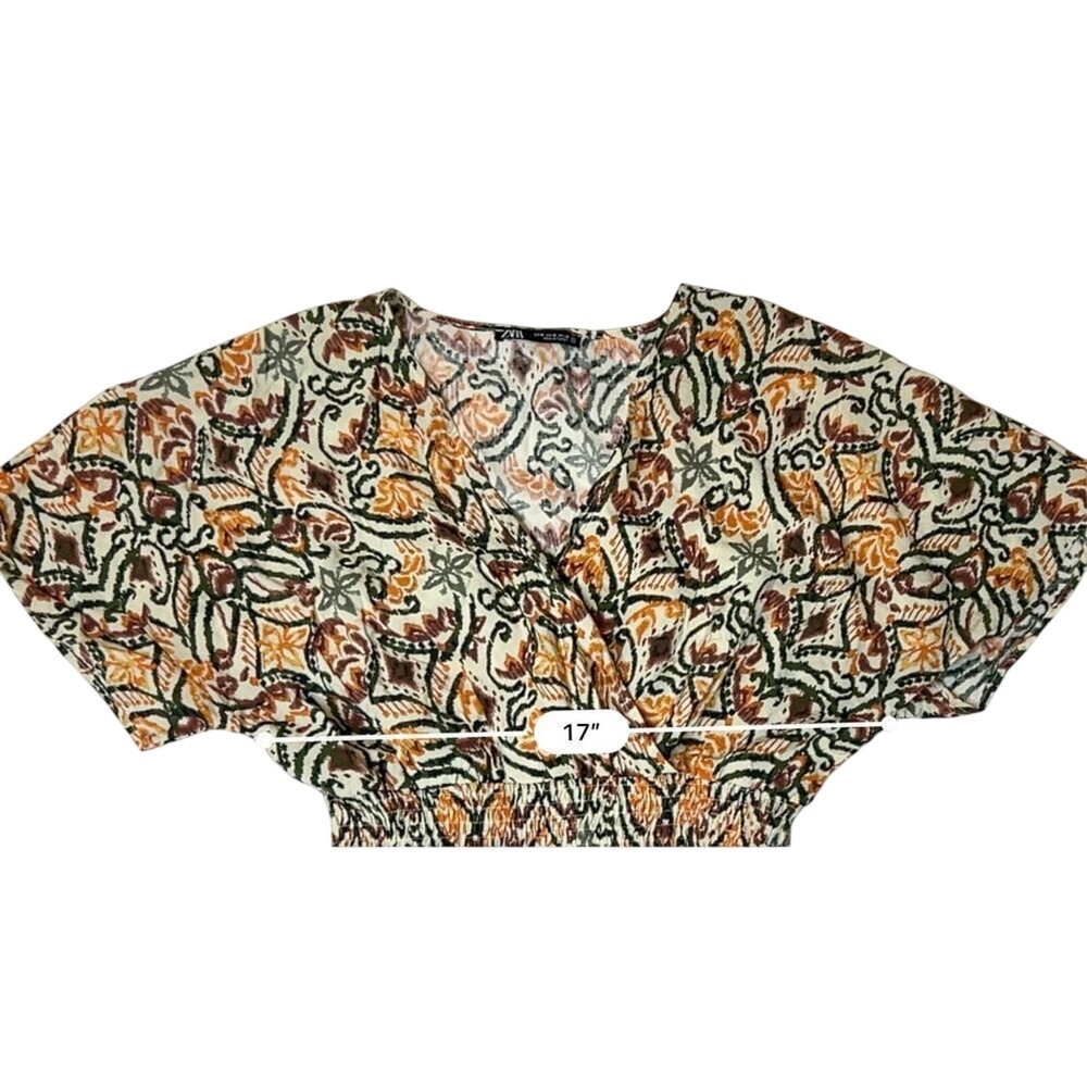 Zara AOP Ikat Print Tiered Elastic Waist Dress Tan Green Tribal MEDIUM Boho Chic - Picture 6 of 10